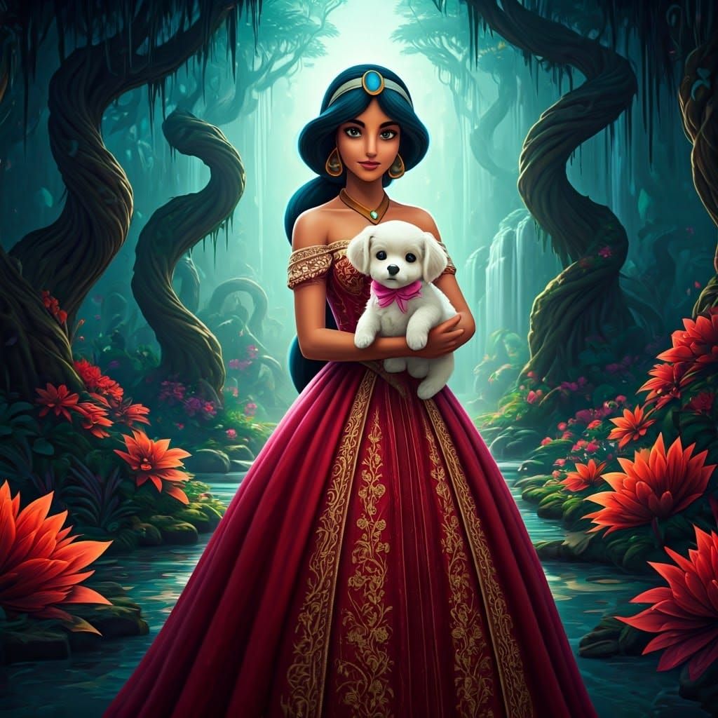Jasmine in Red Gown with Puppy, Fantasy Art