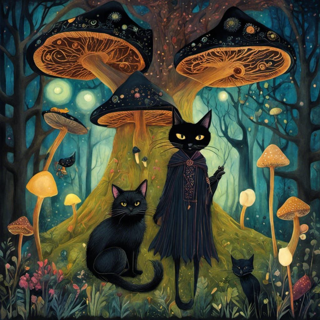Magical Forest Scene with Witch and Cat
