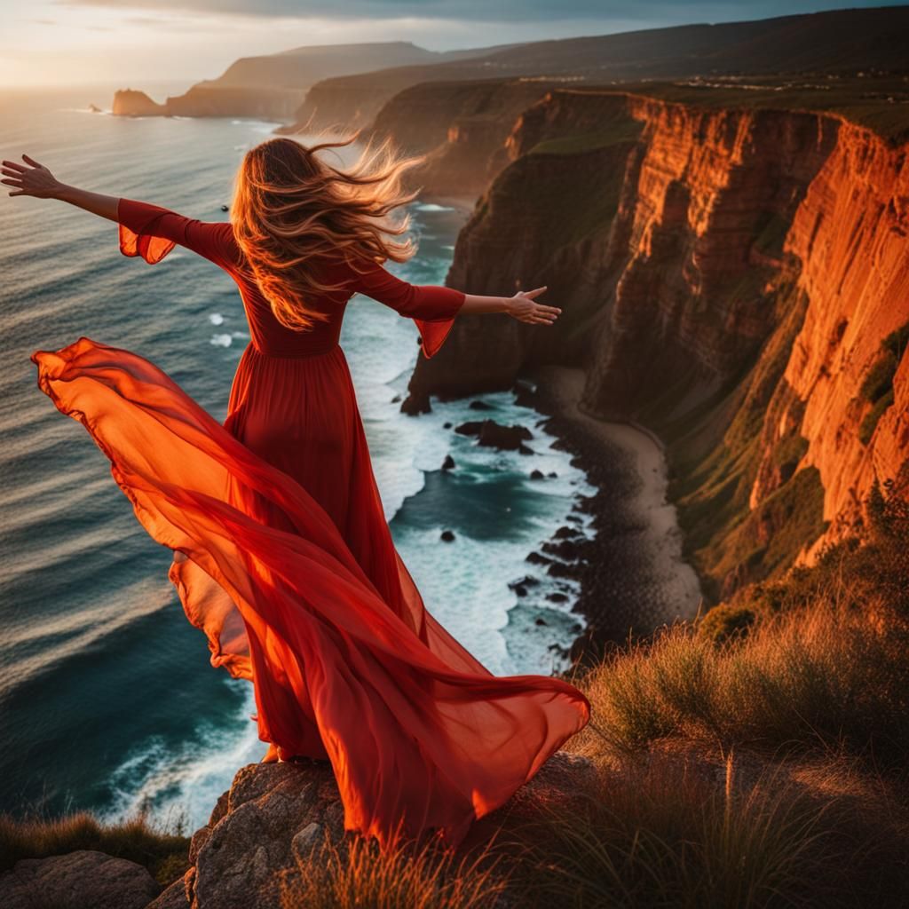 Victorious Woman at Cliffside Sunrise