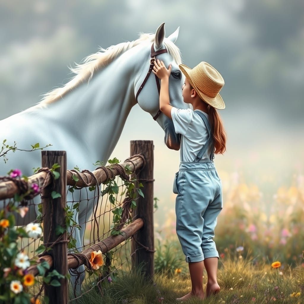 White Horse and Girl in Dreamy Flower Meadow