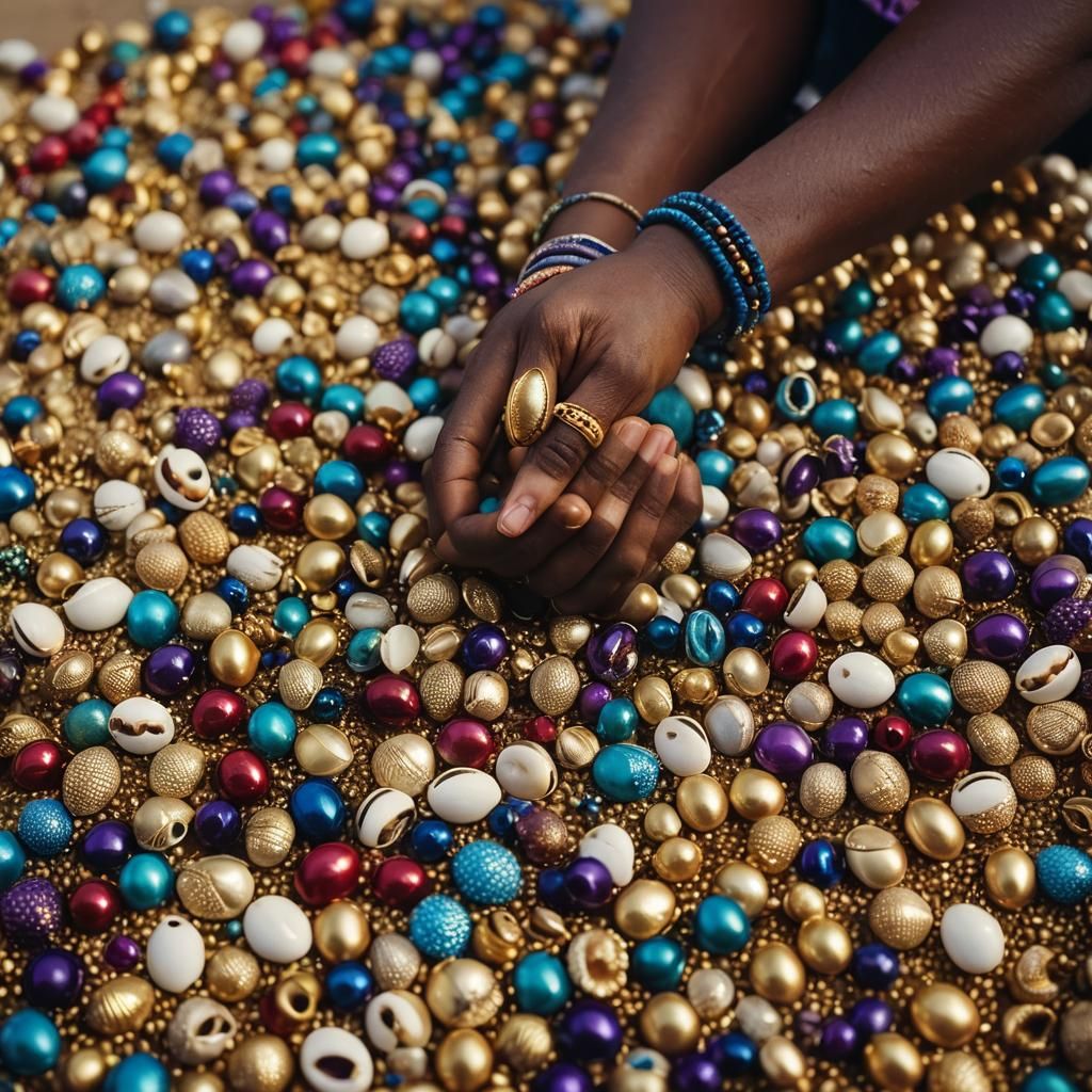 Hand Holding Cowrie Shells and African Beads
