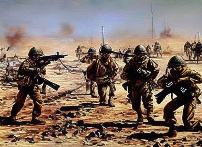 Gulf War: US Marines in Iraq, 19th Century Oil Painting