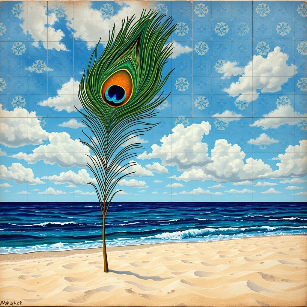 Beach with Giant Peacock Feather in Oil Painting Style