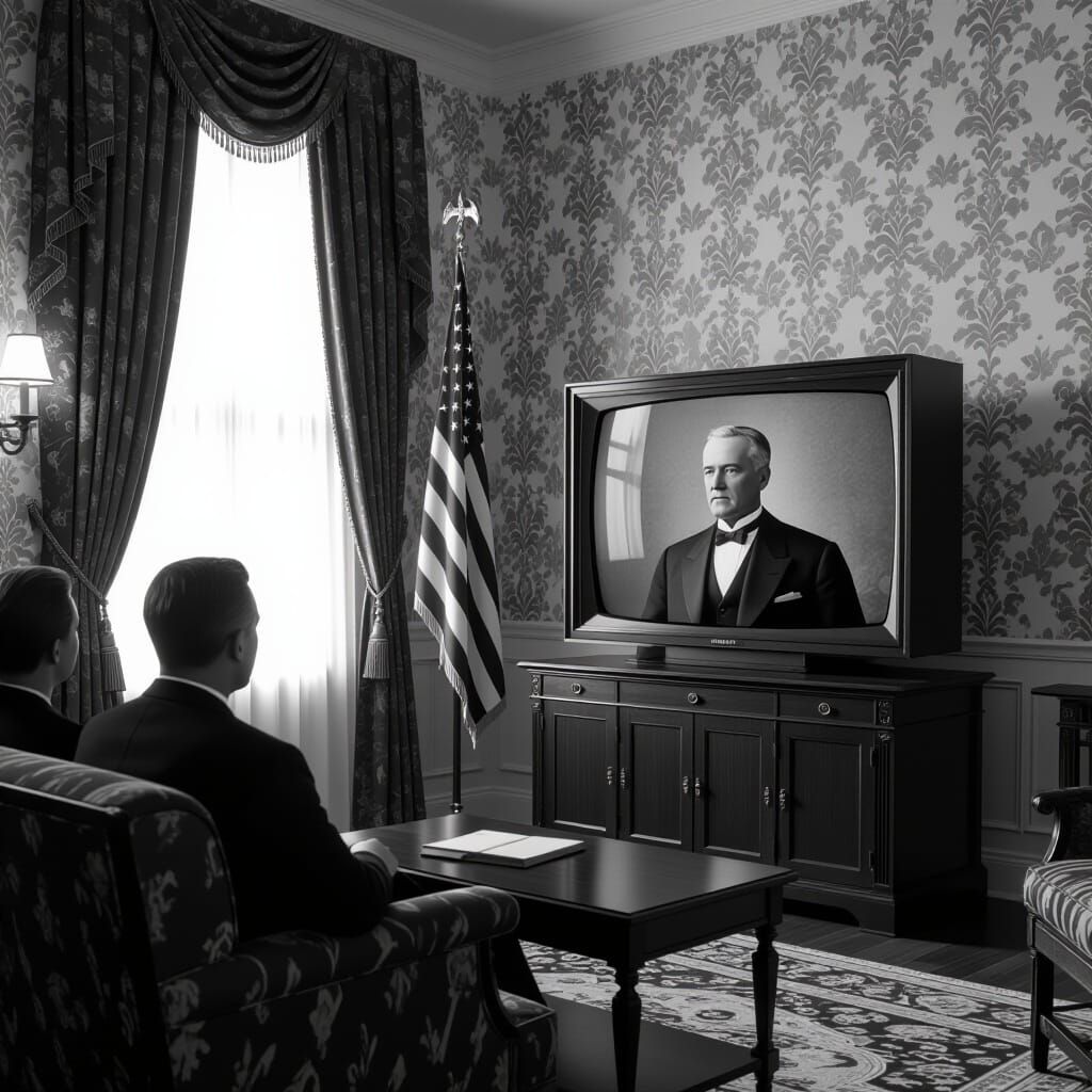 Americans Watching Woodrow Wilson Speech on TV, Black & Whit...