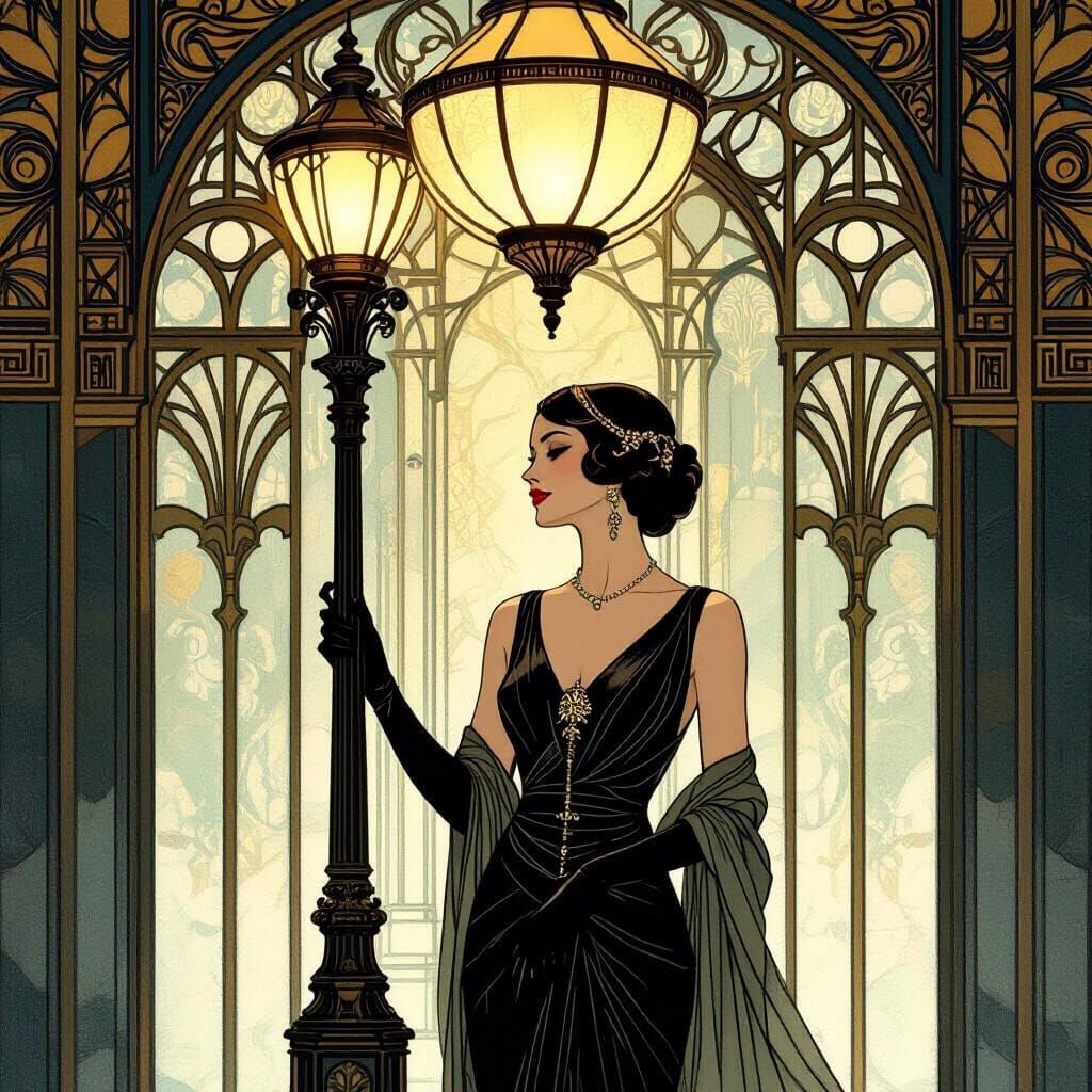 Elegant Woman Under Art Deco Lamp