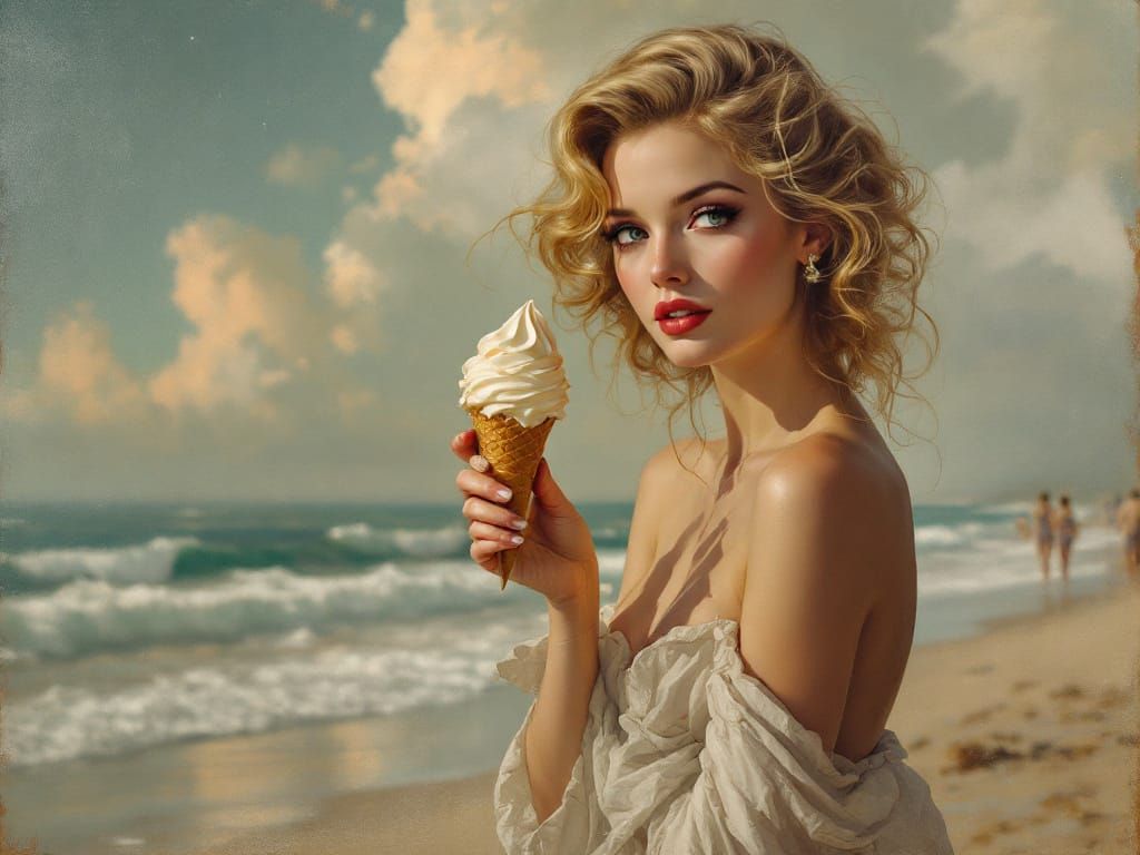 Pin Up Woman at Beach with Tiny Ice Cream