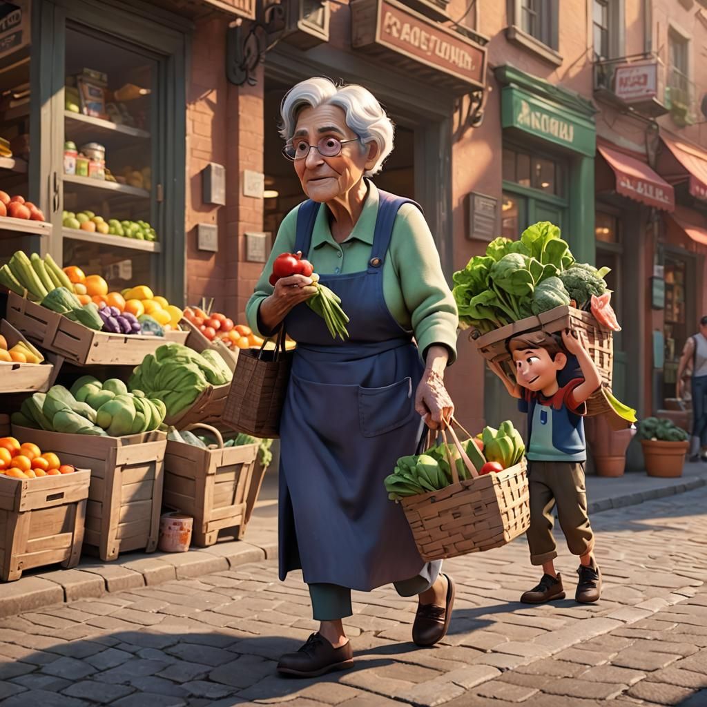 Boy Helping Elderly Woman: Pixar-Style 3D Art