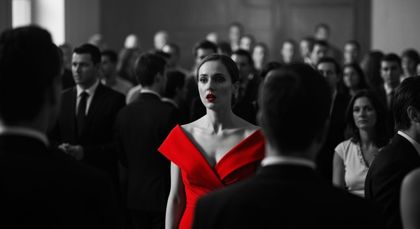 Woman in Red Dress in Crowd, Macro Photography