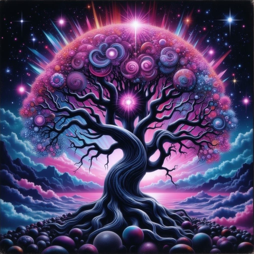 Tree of Life with Swirling Colors and Neon Light