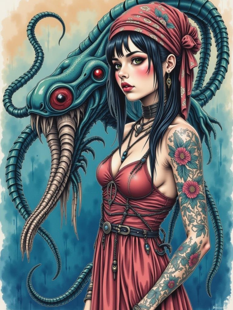 Woman with Tattoos Beside Biomechanical Hydra in Watercolor