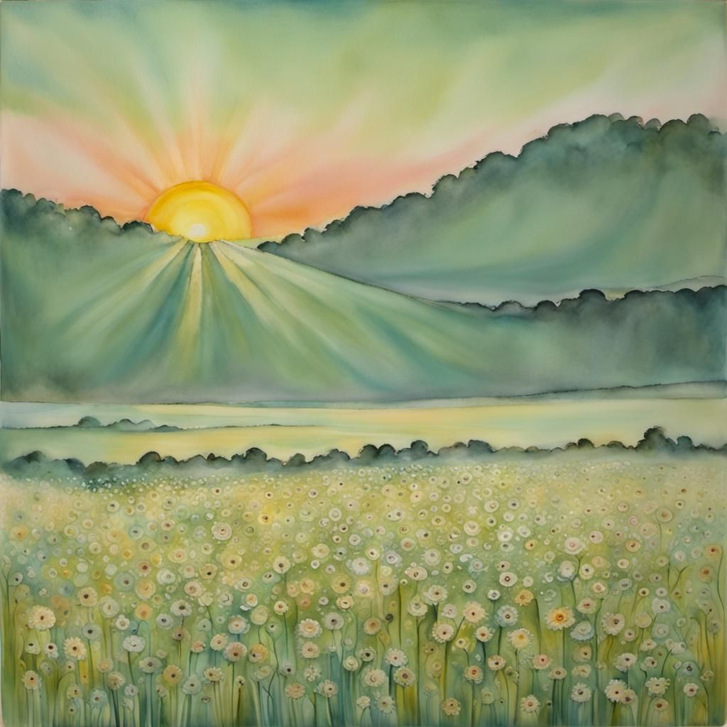 Encaustic Paper Art in Green Watercolor with Sunset