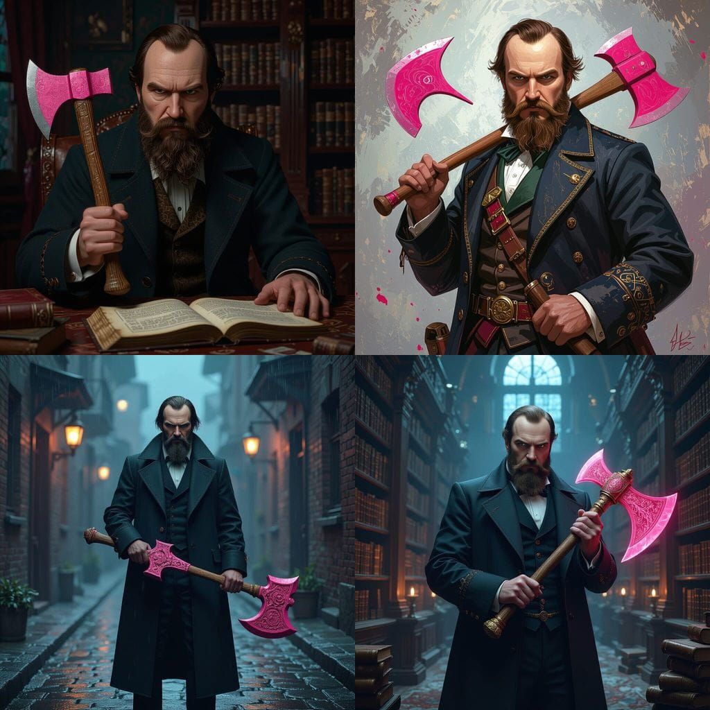 Fyodor Dostoevsky with Pink Axe in Fantastical Style