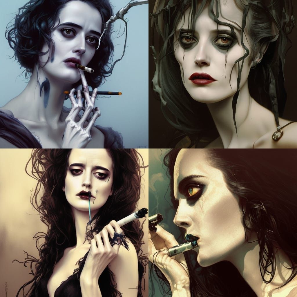 Eva green skeleton face smoking a cigarette, tim Burton movie,