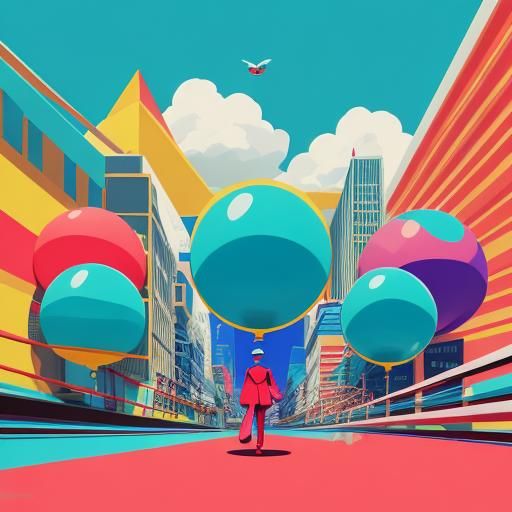 Geometric Pop Art Cityscape with Cartoon Animals