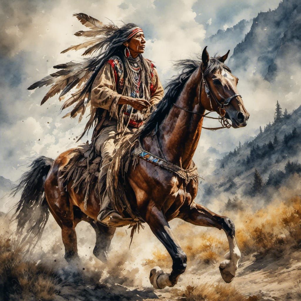 Native American Horseback Ride in Watercolor Style