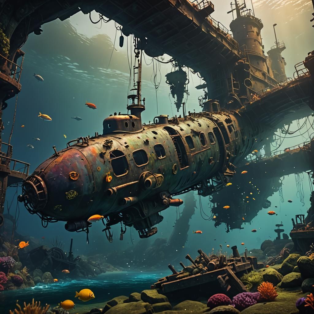 Sunken Submarine with Fish: Detailed Matte Painting