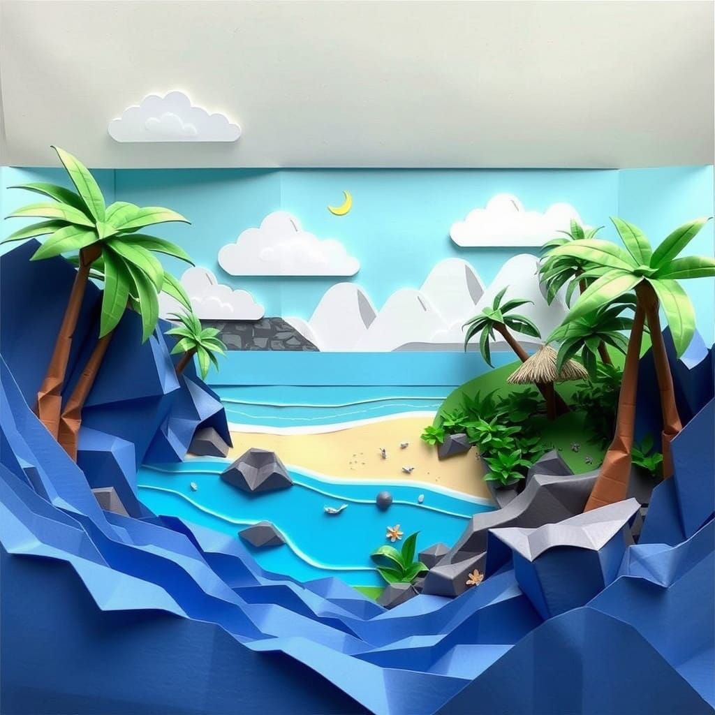 Origami landscape of a tropical beach