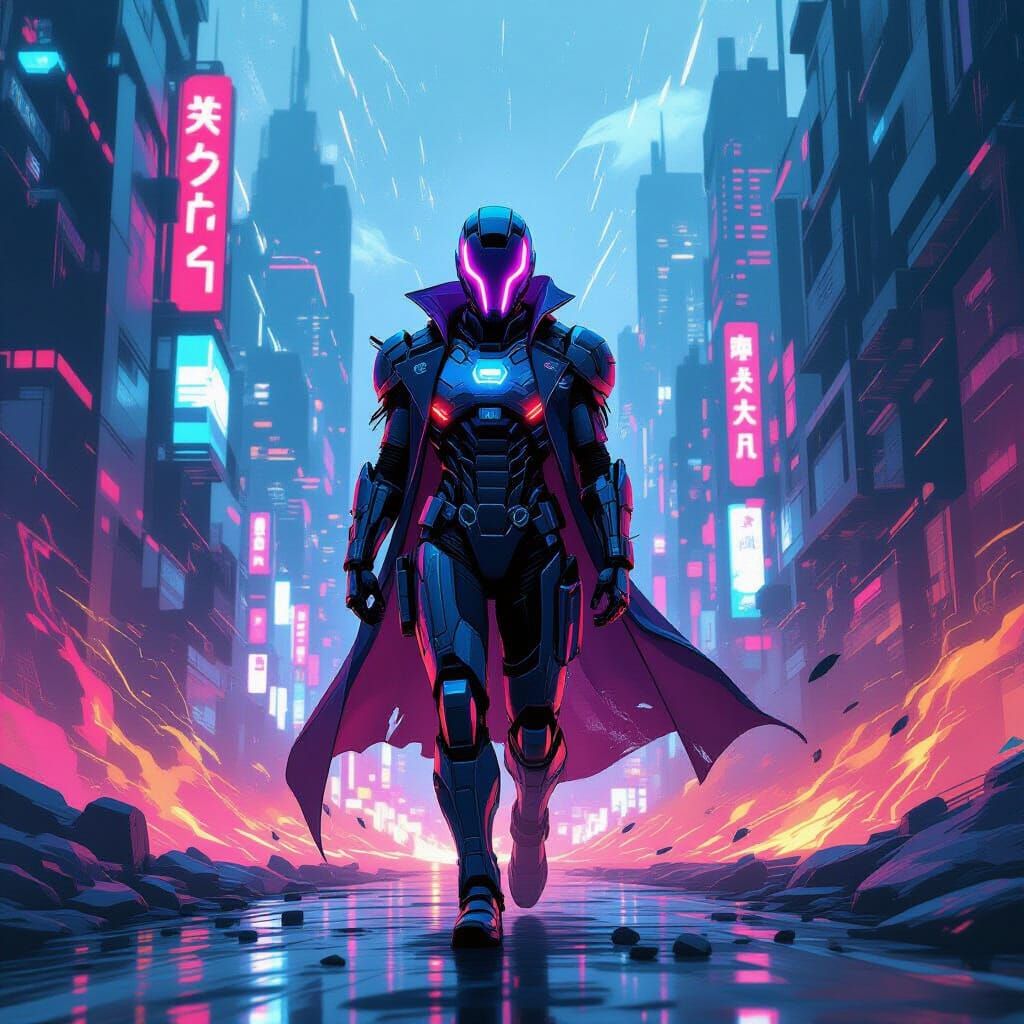 Cyborg in Neon Cityscape: Cyberpunk Style