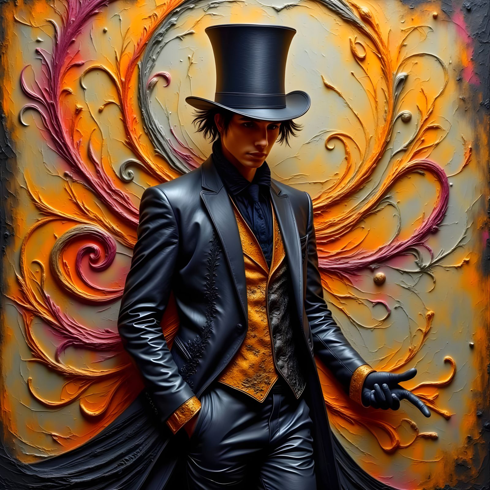 Gothic Magician in Ornate Clothing with Swirling Oil Art Nou...