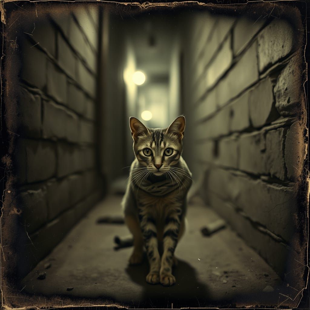 Distressed Tintype Photograph of a Scrawny Alley Cat