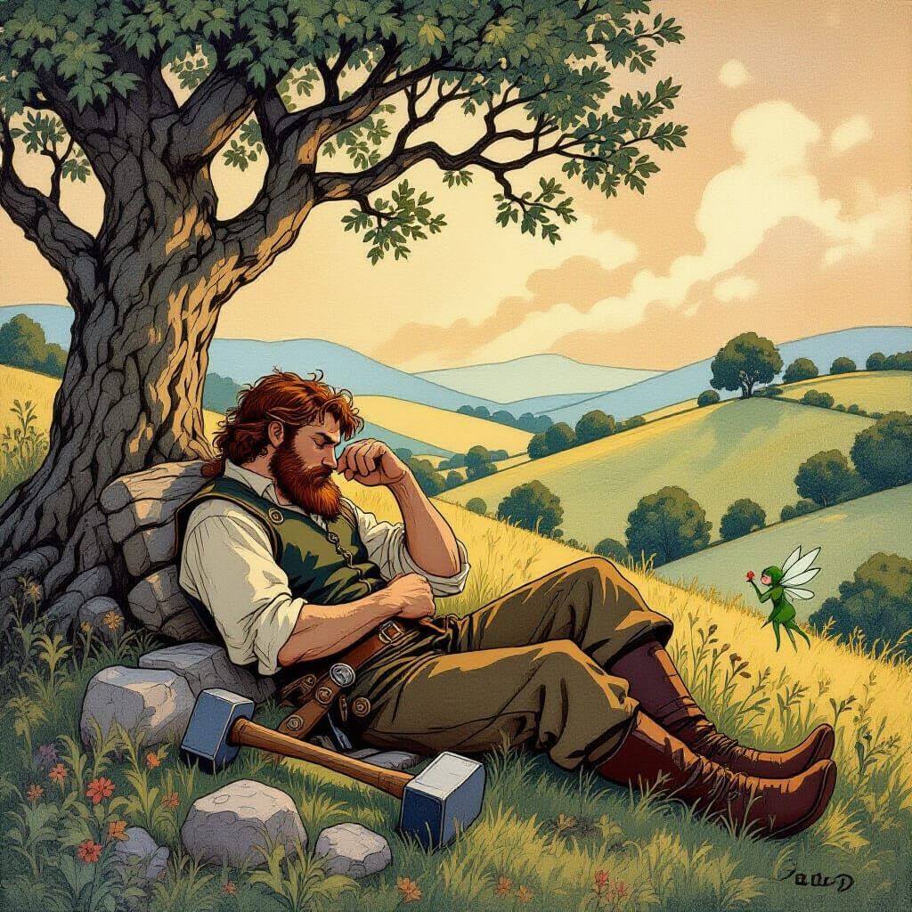 Blacksmith's Enchanted Nap in Arthur Rackham Style