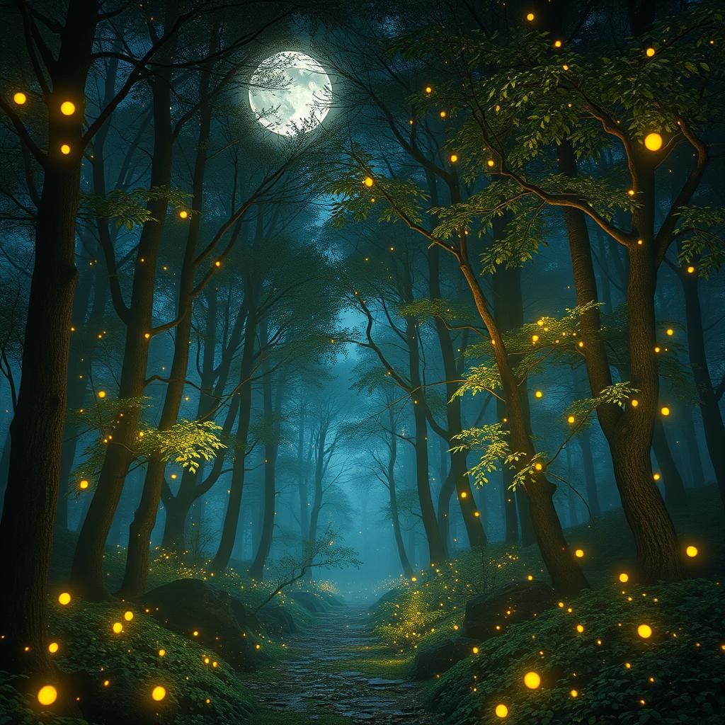 Enchanted Forest with Fireflies: Fantasy Concept Art