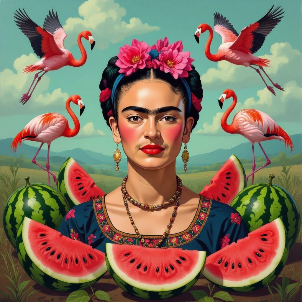 Surreal Frida Kahlo Portrait with Watermelons and Flamingos