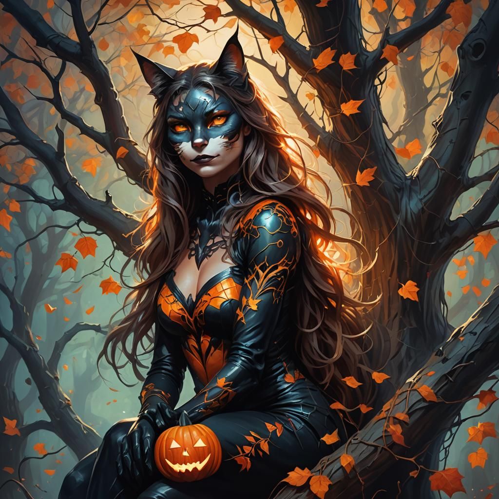 Fantasy Cat Woman in Halloween Tree, Magical Realism