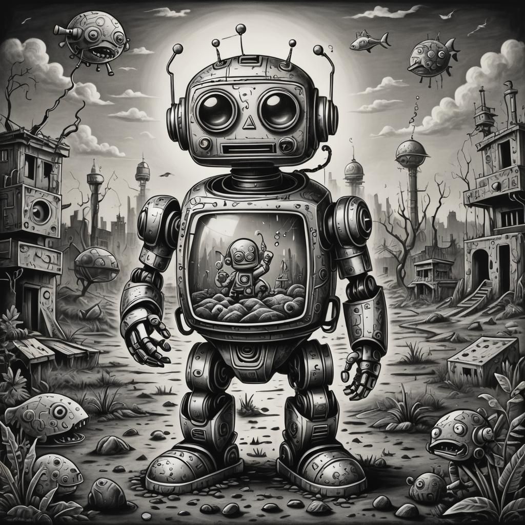 Robot in a Post Apocalyptic Landscape with Vibrant Keith Har...