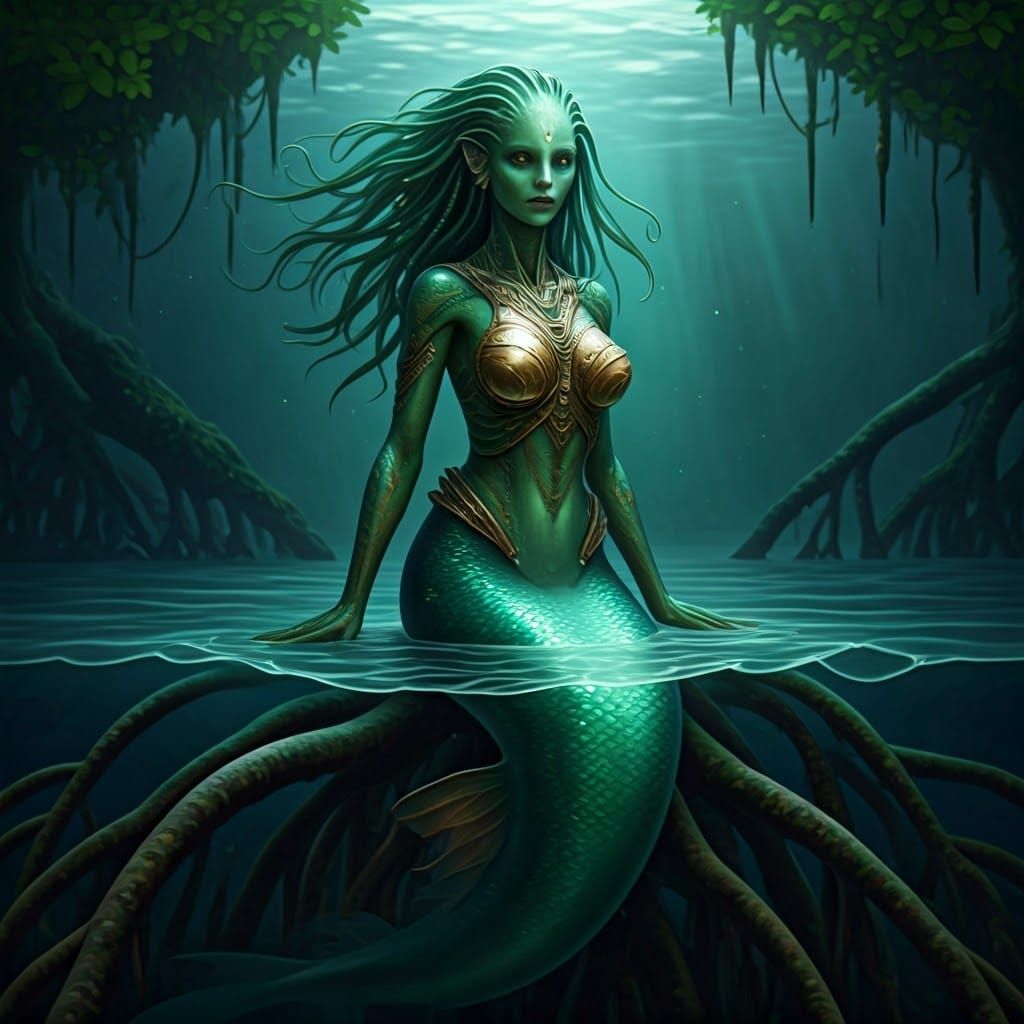 Glowing Alien Mermaid on Mangrove Roots