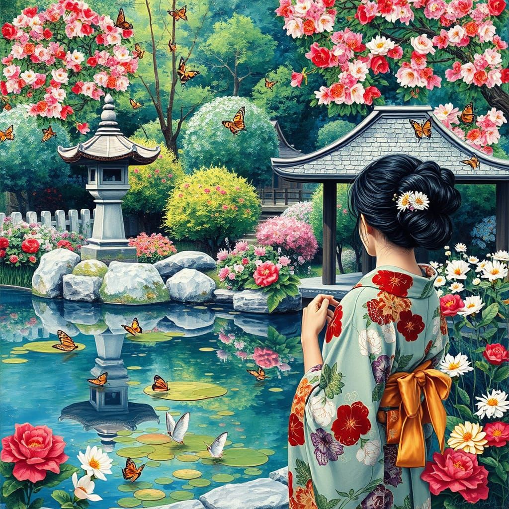 Japanese Garden Scene in Impasto Style