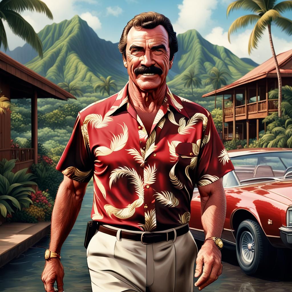 Tom Selleck as Magnum PI: Cinematic Action Shot