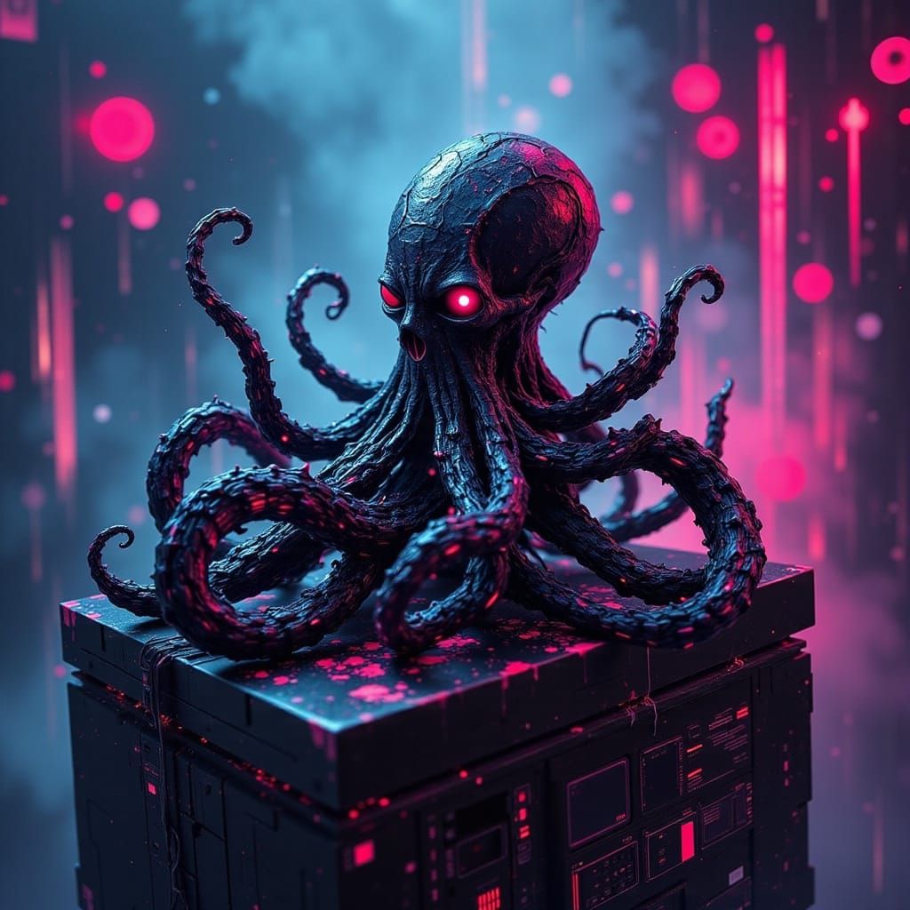 Cyberpunk Pinup Octopus in Dark Aethereal Glitchcore