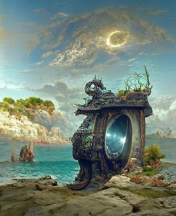 Time portal near the azure sea
