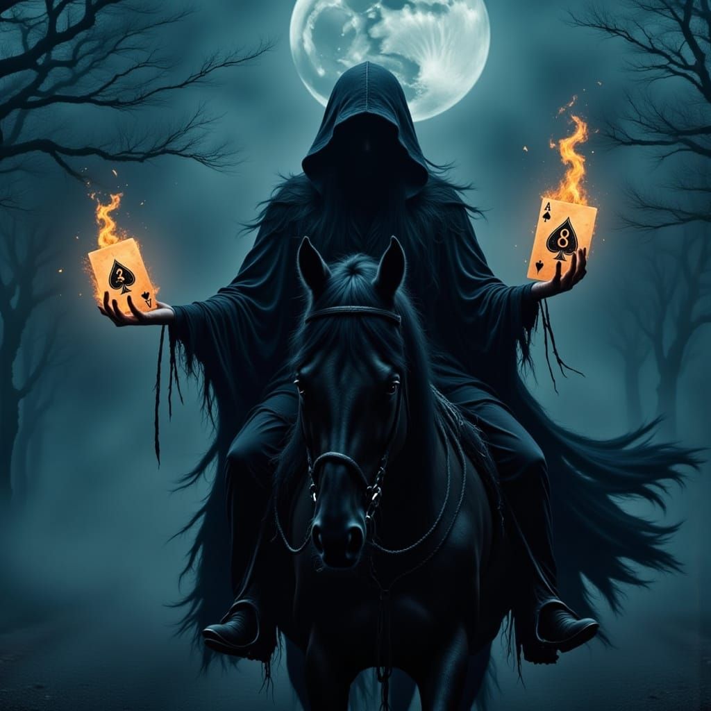 Mysterious Rider in Dark Cloak, Holding Blazing Cards, Under...