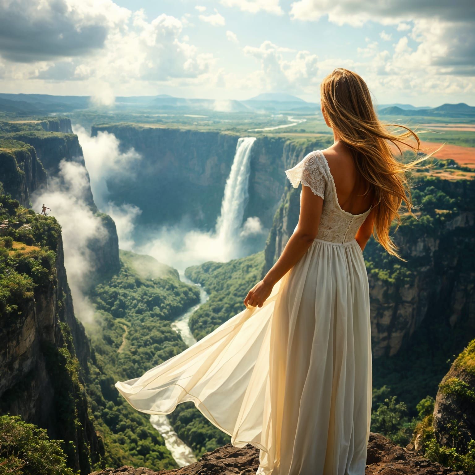 Tranquil Woman Amidst Venezuela's Majestic Tepui Waterfall