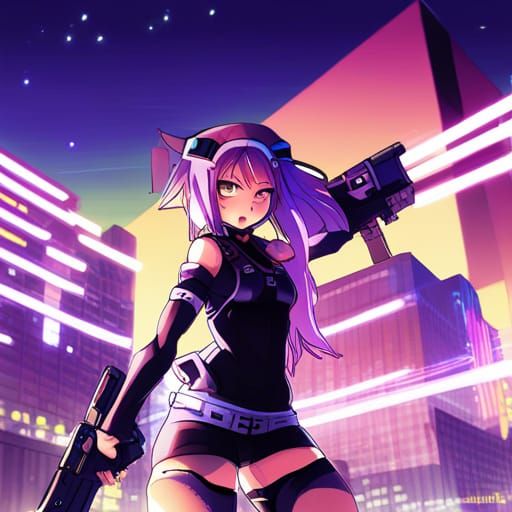 Anime Girl with Guns in Neon City