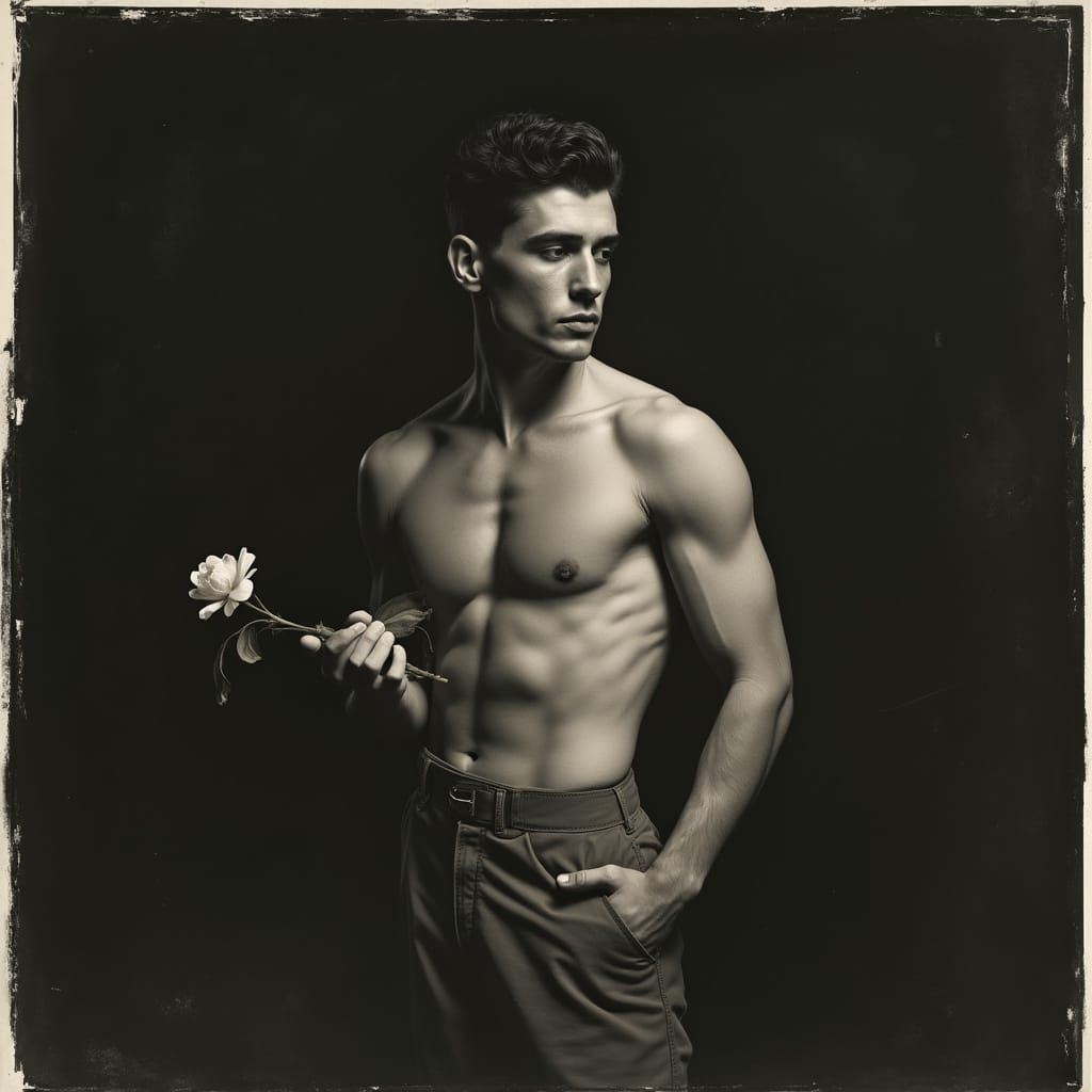 Film Noir Model with Flower in Hyperrealistic Style