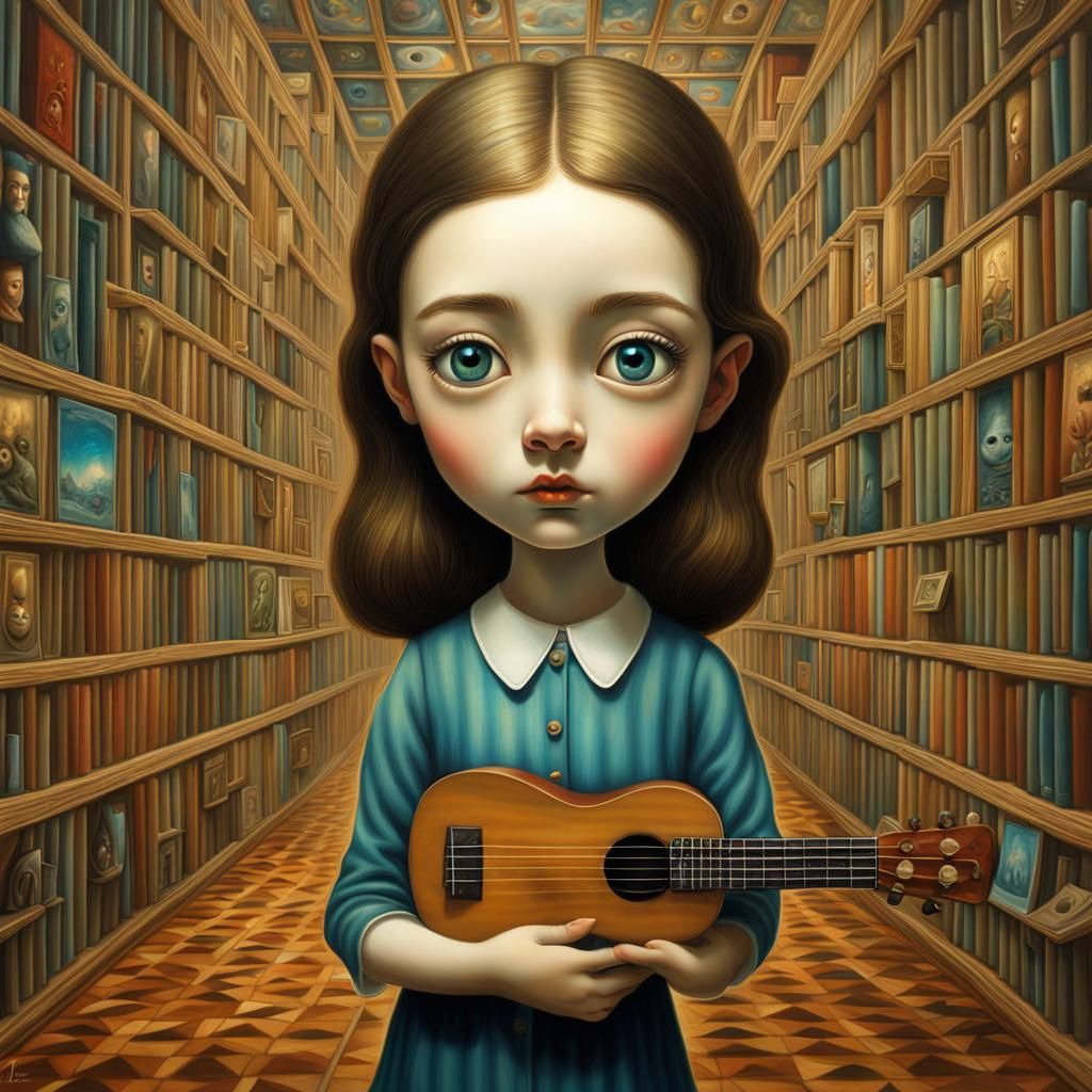 Musical Girl with Ukulele Eyes: Surreal Digital Art