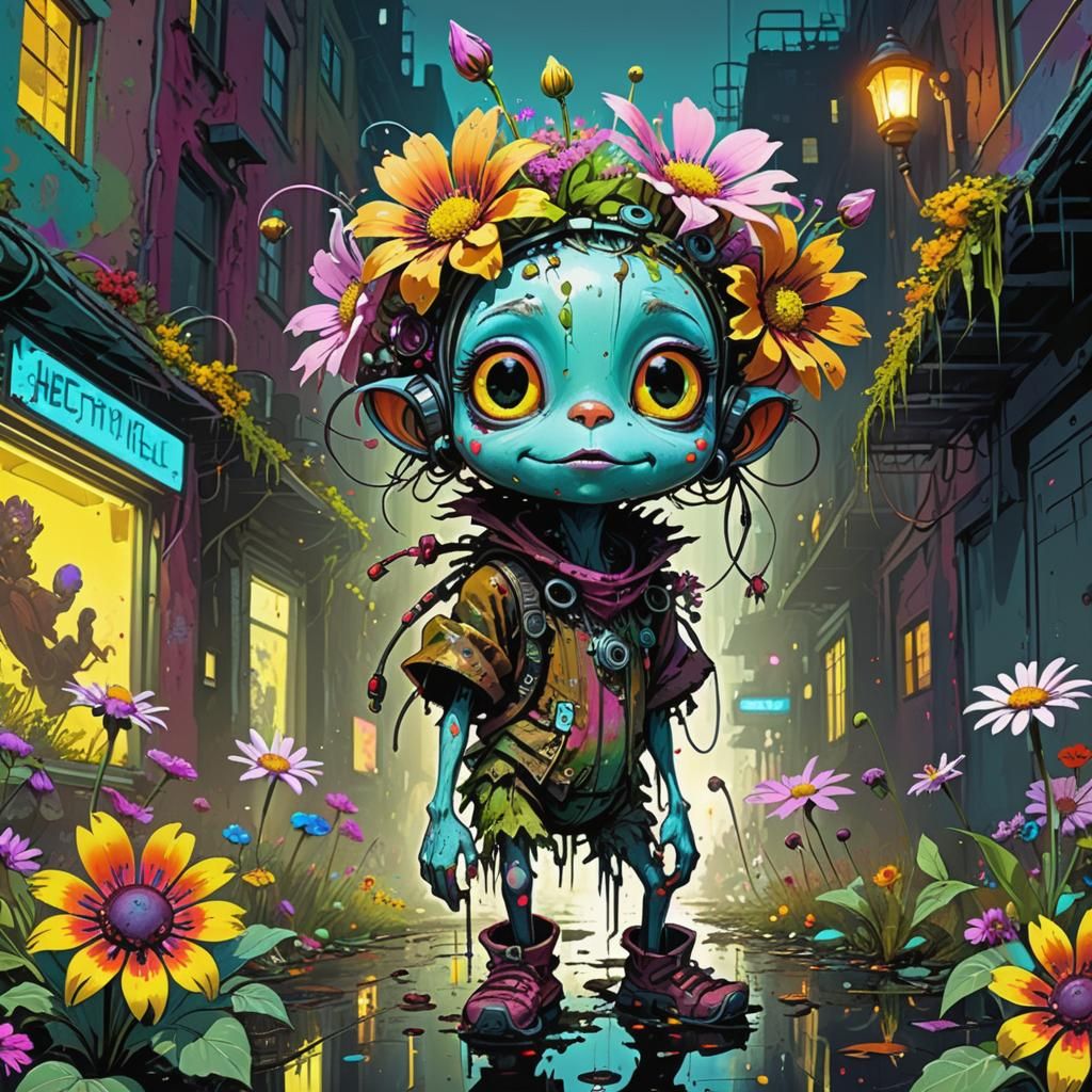 Flower Creature in Gritty Cyberpunk Fairytale, Digital Illus...