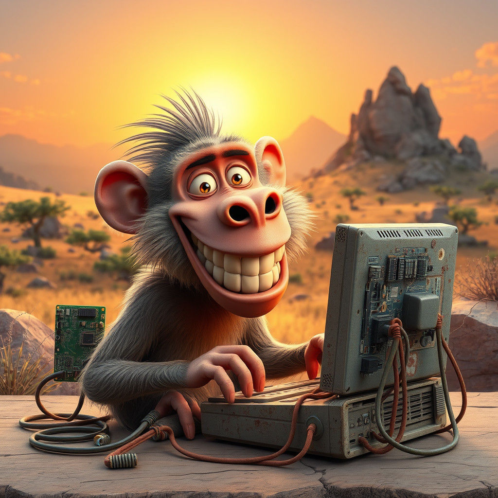 Cartoon Baboon at Junk Computer, Whimsical 3D Render