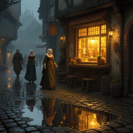 Cozy Tavern Window with Golden Light on Cobblestones