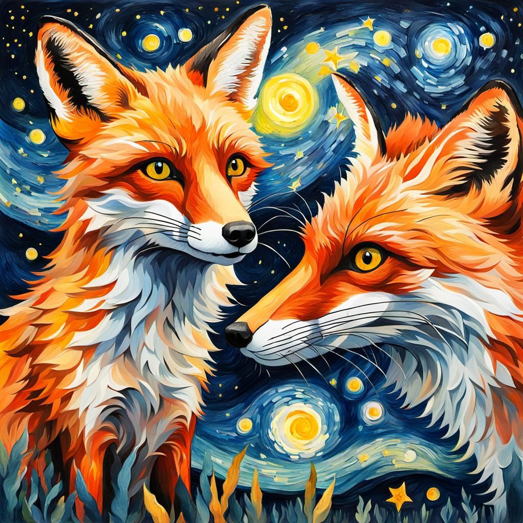 Starry Night Fox: Impressionist Double Exposure