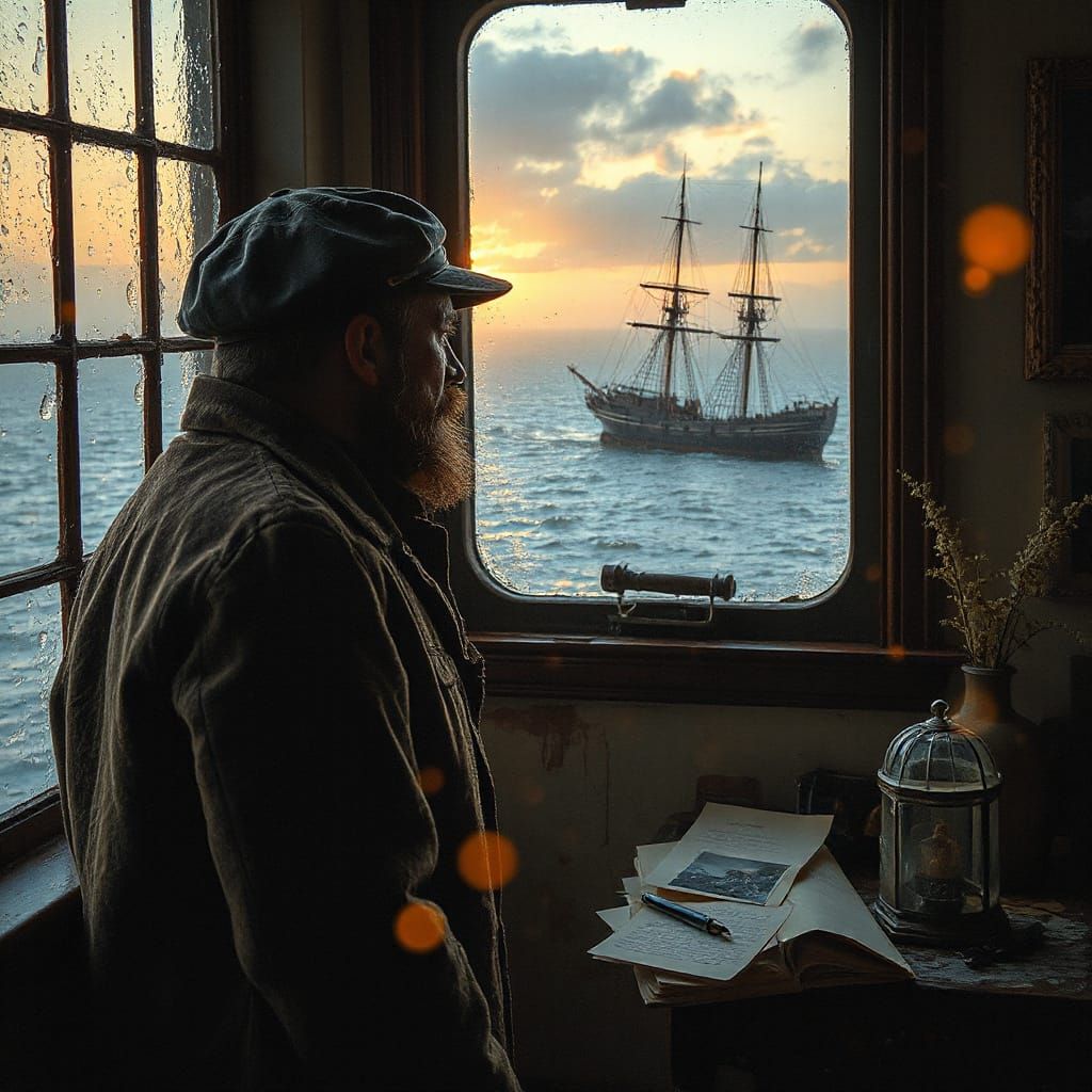 Ethereal Lighthouse Keeper Lost in Memories