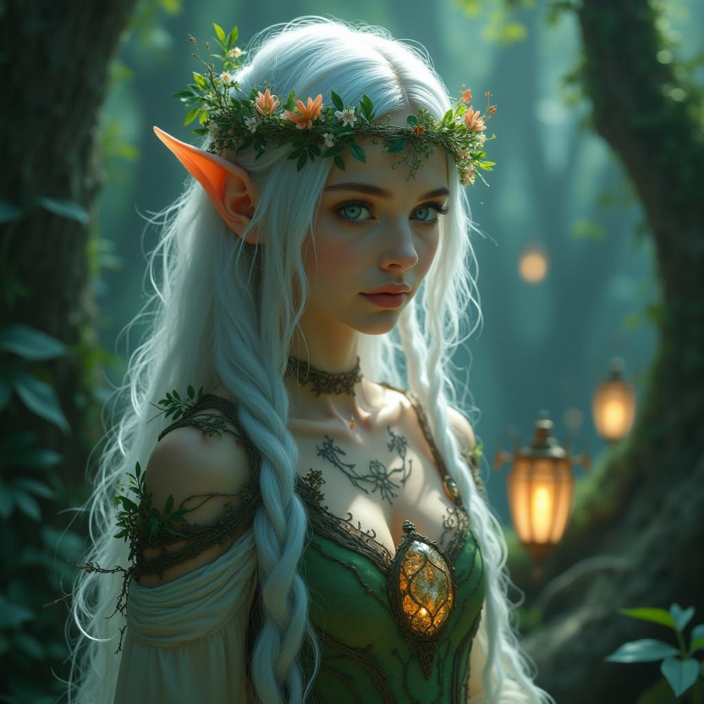 Mystical Elven Guardian in Ancient Forest Landscape
