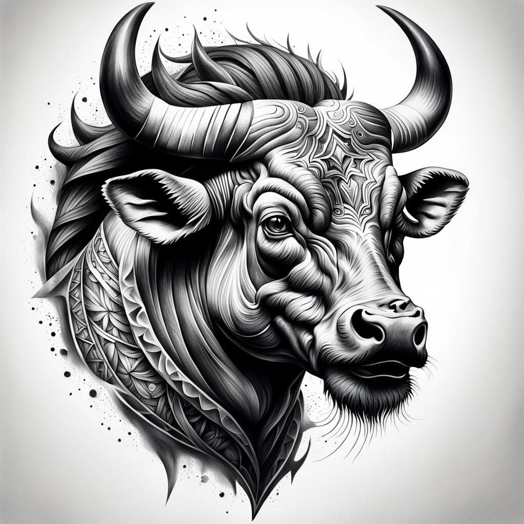 Detailed Charcoal Bull Tattoo Art Design