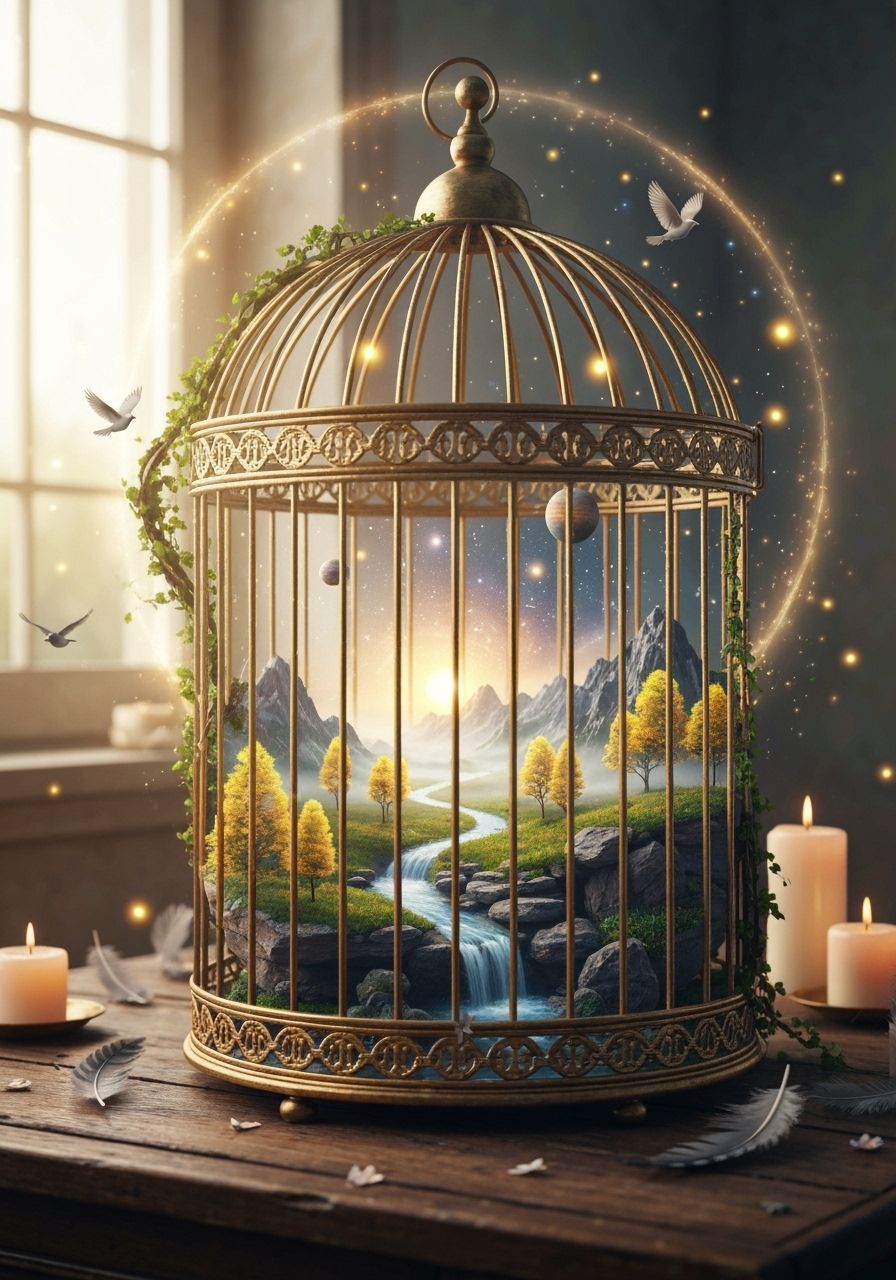 Ornate Golden Birdcage Holds Miniature Glowing World