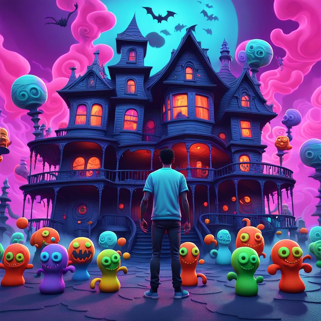 Haunted House of Cartoon Figurines in Stylized 3D