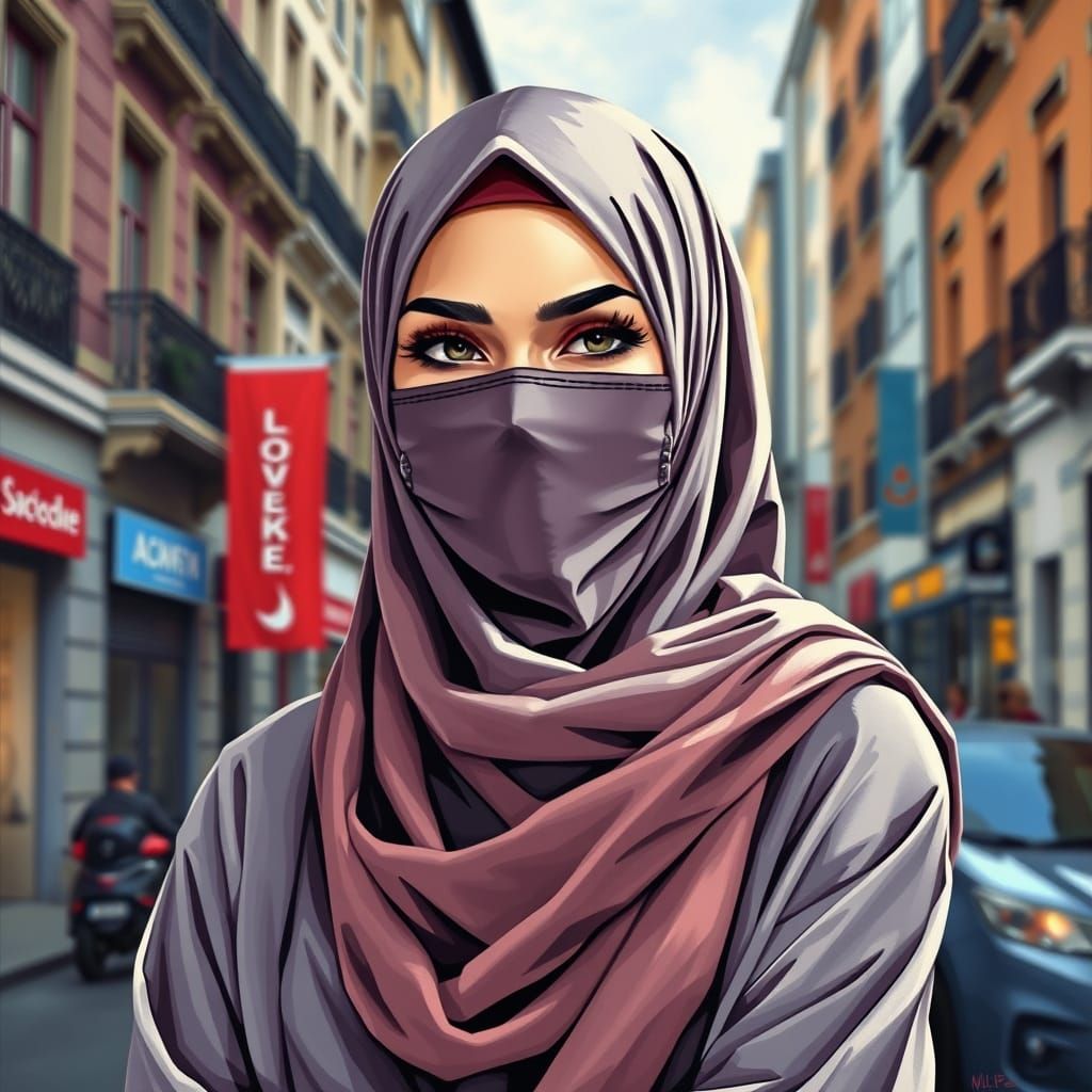 Elegant European Hijabi Woman in Modern City