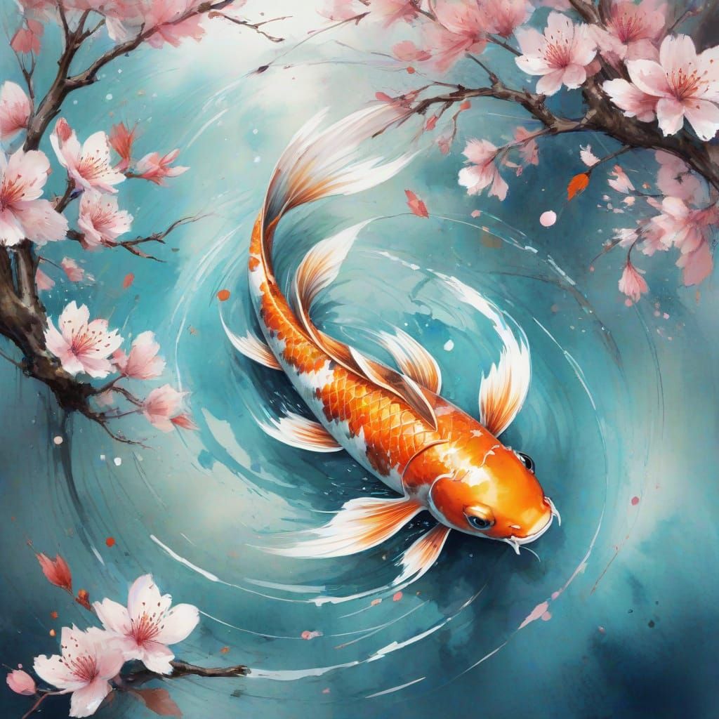Whimsical Koi Under Cherry Blossom Tree in Watercolour Style